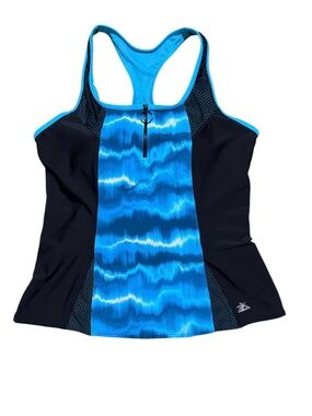 ZeroXposur Scuba Racerback Tankini Swim Top Woman’s XXL Blue Black 1/4 Zip Front